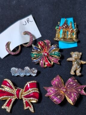 Joan Rivers Colorful Enamel & Rhinestone Pierced Earring & Broch Pin Lot 8 Pcs